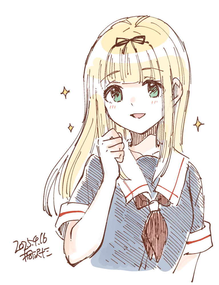 1girl black_serafuku black_shirt blonde_hair blunt_bangs commentary_request green_eyes kantai_collection kirisawa_juuzou long_hair looking_at_viewer neckerchief red_neckerchief sailor_collar sailor_shirt school_uniform serafuku shirt short_sleeves simple_background solo sparkle upper_body white_background white_sailor_collar yuudachi_(kancolle)