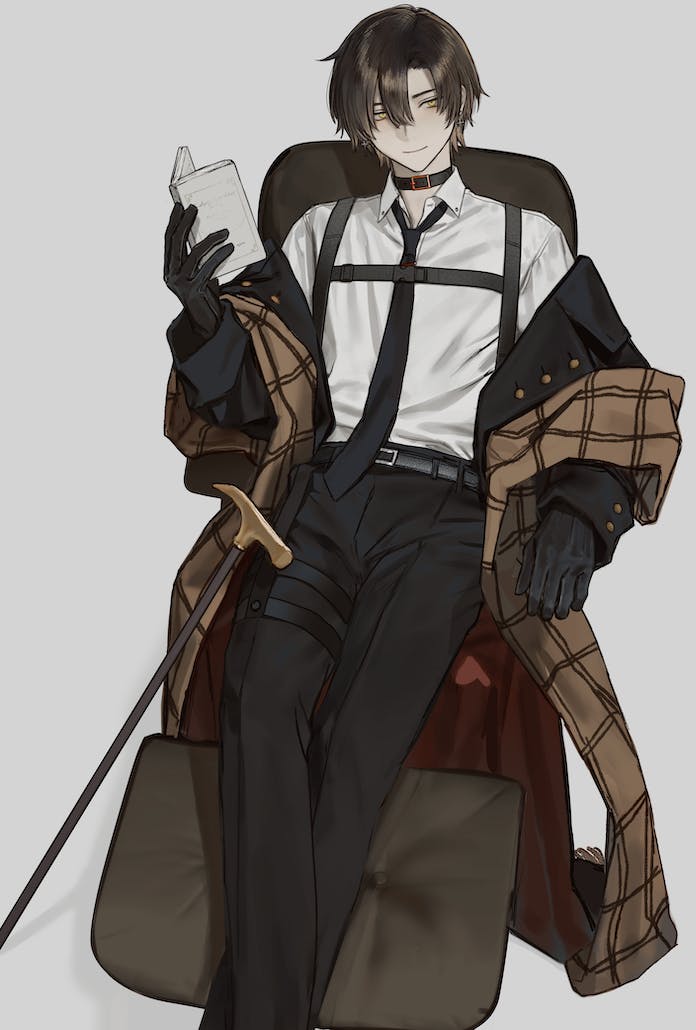 1boy belt_collar black_gloves black_necktie black_pants brown_eyes brown_hair cane chest_harness coat collar commission gloves harness hirota_tsuu looking_at_viewer male_focus necktie off_shoulder original pants plaid_clothes plaid_scarf reclining scarf shirt short_hair simple_background sitting skeb_commission smile solo thigh_strap white_background white_shirt