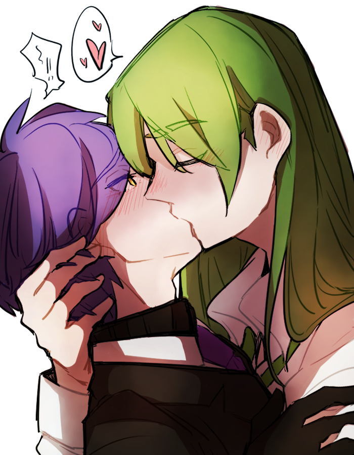 2boys adam&#039;s_apple black_gloves black_jacket blush closed_eyes collared_shirt from_side gloves green_hair green_necktie hand_on_another&#039;s_nape heart height_difference jacket kiss lobotomy_corporation long_hair multiple_boys nakame77 necktie netzach_(project_moon) profile project_moon purple_hair purple_necktie shirt short_hair spoken_heart white_shirt yaoi yesod_(project_moon)