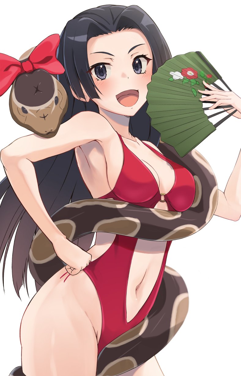 1girl 2025 20s bare_hips bare_shoulders bikini black_eyes black_hair blush breasts cleft_of_venus collarbone hand_fan hand_on_own_hip highres k3rd kongou_mitsuko large_breasts long_hair looking_at_viewer matching_hair/eyes navel open_mouth pet simple_background smile snake snake_wrapped_around_body solo standing stomach swimsuit thick_thighs thighs toaru_kagaku_no_railgun toaru_majutsu_no_index very_long_hair white_background wide_hips