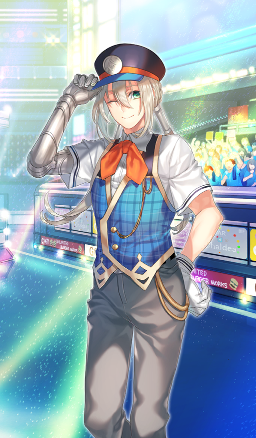 1boy adjusting_clothes adjusting_headwear airgetlam_(fate) bedivere_(fate) bedivere_(festival_outfit)_(fate) belt bishounen black_belt black_hat blue_vest bow bowtie braid buttons closed_mouth commentary crowd employee_uniform fate/grand_order fate_(series) gloves green_eyes grey_pants hair_between_eyes hair_tubes hand_on_own_hip hat long_hair looking_at_viewer low_twintails male_focus official_art one_eye_closed orange_bow orange_bowtie pants peaked_cap plaid_clothes plaid_vest prosthesis prosthetic_arm shirt short_sleeves sidelocks single_glove smile solo_focus tenkuu_sphere third-party_source twintails vest white_gloves white_hair white_shirt wing_collar