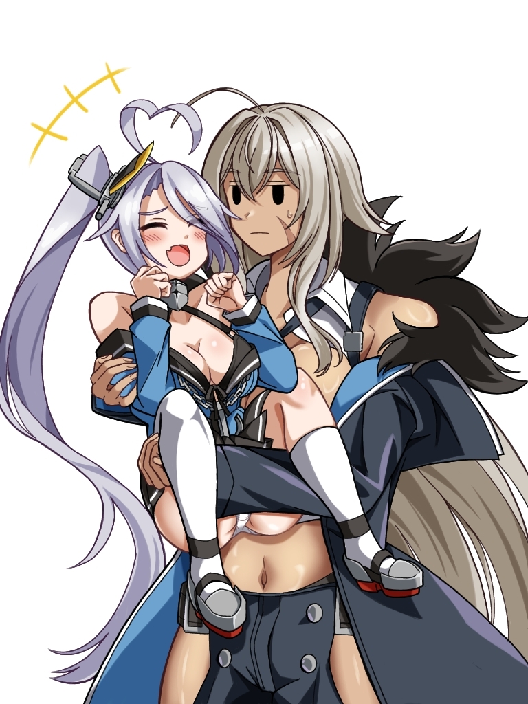 2girls ahoge azur_lane bare_shoulders black_coat blush breasts carrying cleavage closed_eyes closed_mouth coat dark-skinned_female dark_skin fang fur-trimmed_coat fur_trim hair_intakes hands_up heart heart_ahoge indiana_(azur_lane) large_breasts long_hair midriff multiple_girls navel panties portland_(azur_lane) princess_carry scar scar_on_face side_ponytail simple_background skin_fang sweatdrop terusiopero unamused underwear very_long_hair white_background white_hair white_panties