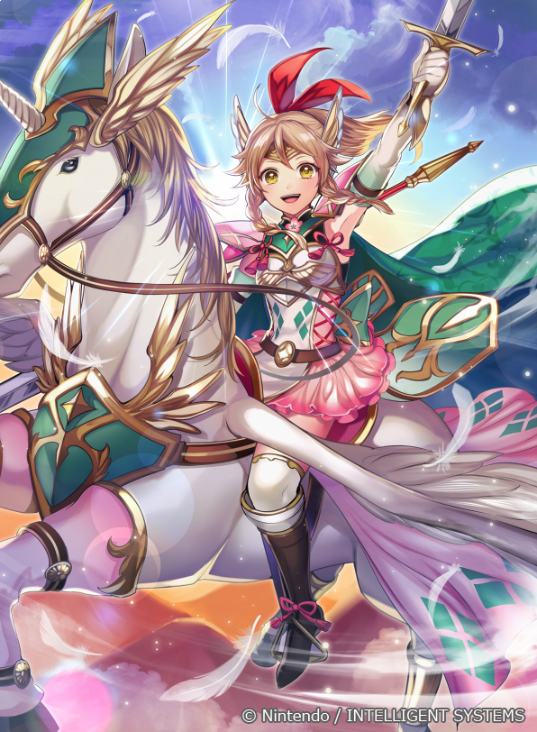 1girl arm_up armor belt blonde_hair blue_sky boots braid breastplate cape cloud commentary_request company_connection copyright_name day dress elbow_gloves emma_(fire_emblem) feathers female_focus fire_emblem fire_emblem_cipher fire_emblem_echoes:_shadows_of_valentia gloves headpiece holding holding_sword holding_weapon horns knee_boots long_hair looking_at_viewer matsurika_youko nintendo official_art open_mouth outdoors pegasus pegasus_knight_uniform_(fire_emblem) short_dress shoulder_armor single_horn sky smile solo sword thighhighs weapon white_thighhighs yellow_eyes