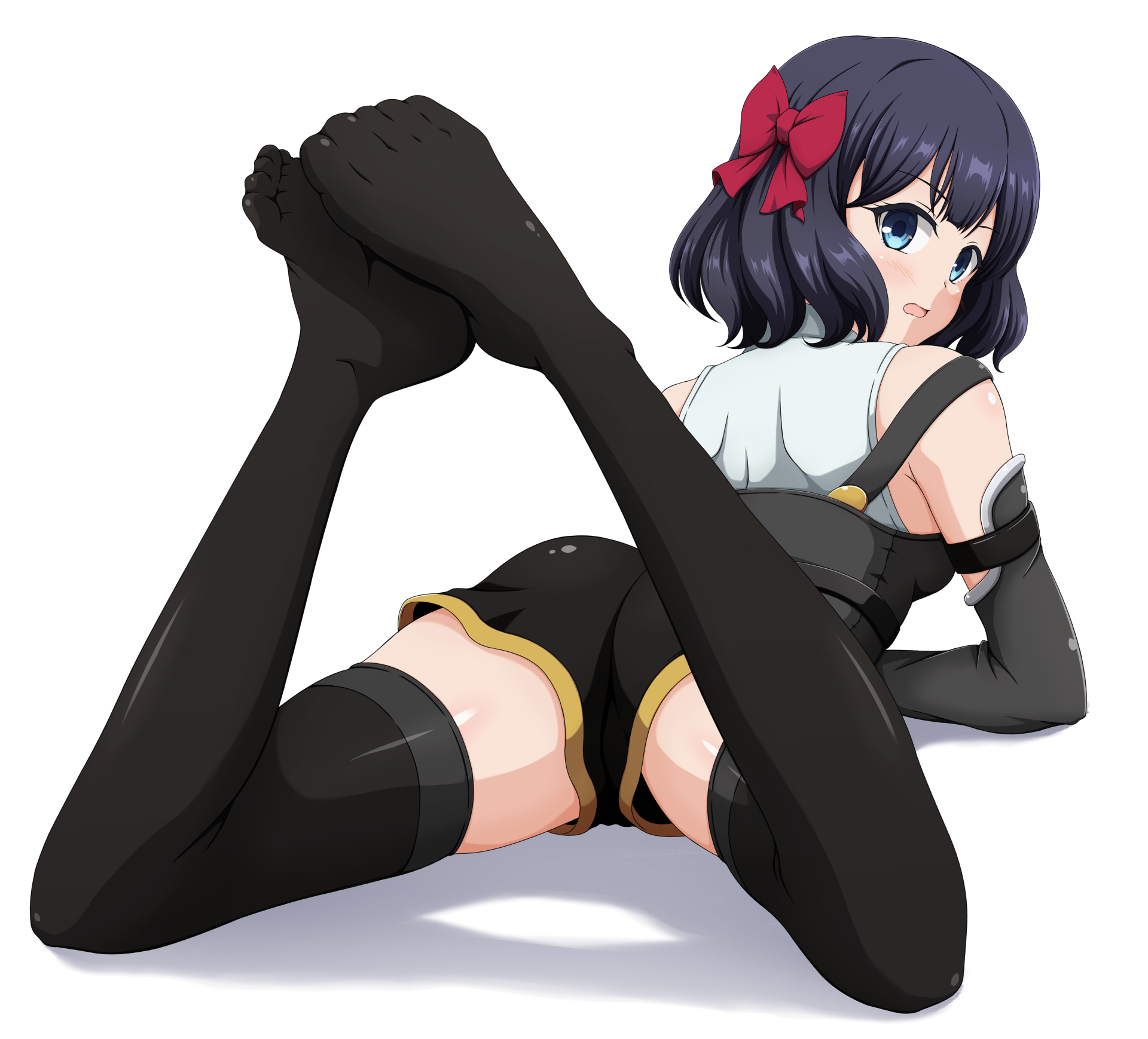1girl black_gloves black_hair black_romper black_thighhighs blue_eyes bow from_behind gloves hair_bow highres ishida_seito looking_back lying nageki_no_bourei_wa_intaishitai on_ground on_stomach red_bow simple_background strap thighhighs tino_shade white_background