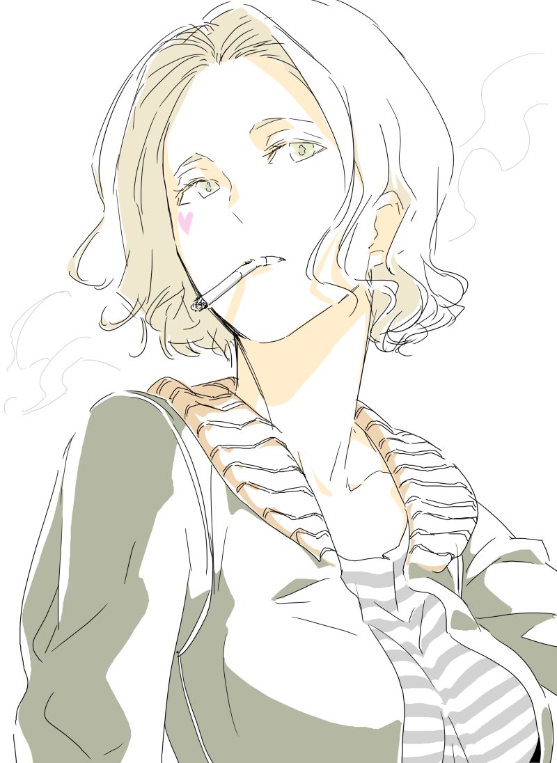 1girl blonde_hair cigarette collarbone commentary_request facial_mark female_focus grey_jacket heart heart_facial_mark jacket looking_at_viewer open_clothes open_jacket original pale_color poaro shirt short_hair simple_background sketch smoke smoking solo striped_clothes striped_shirt upper_body white_background yellow_eyes