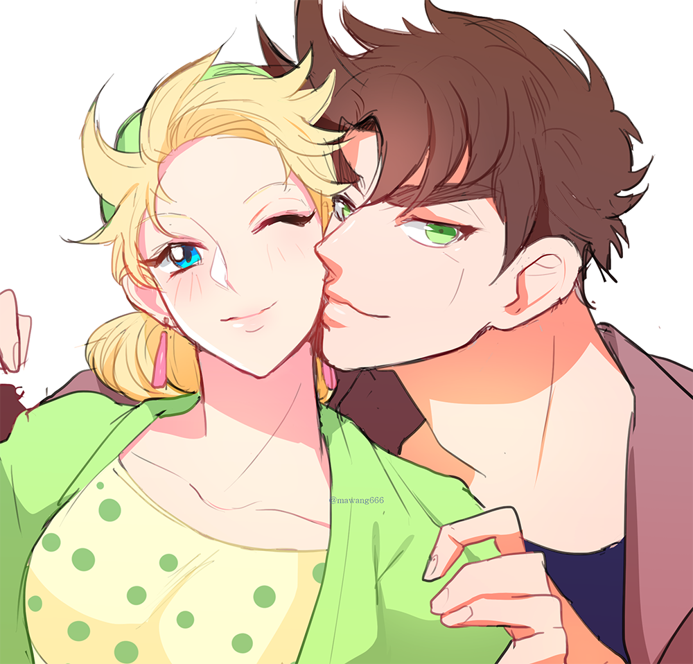 1boy 1girl 66_gousen battle_tendency blonde_hair blue_eyes blush brown_hair dress green_eyes jojo_no_kimyou_na_bouken joseph_joestar joseph_joestar_(young) looking_at_viewer one_eye_closed short_hair smile suzi_q