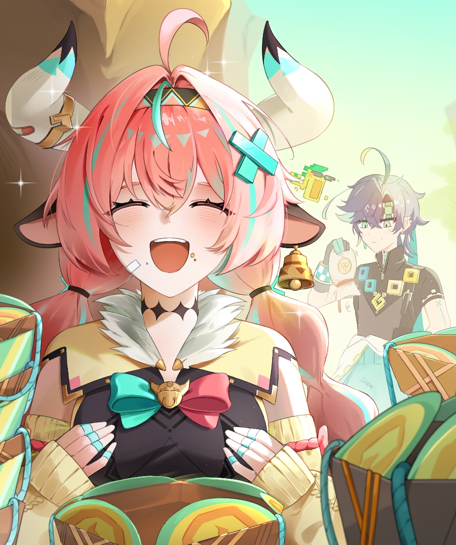 1boy 1girl after_meal ahoge ajaw_(genshin_impact) animal_ears black_hair braid closed_eyes coin_purse commentary cow_ears cow_horns ear_bell empty_wallet food food_on_face gangyeolhage genshin_impact gloves green_eyes green_headband hairband happy headband horns jaw_drop kinich_(genshin_impact) korean_commentary long_hair pink_hair twin_braids varesa_(genshin_impact)