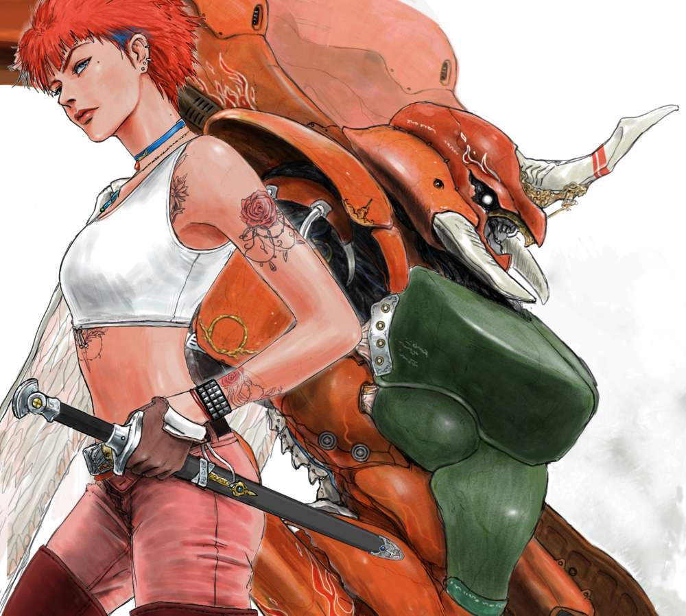 1girl arm_tattoo bad_id bad_pixiv_id belt black_belt blue_choker breasts choker crop_top dagger ear_piercing green_eyes horns izo_(bjc000510) jeryl_kuchibi knife leprechaun_(aura_battler_dunbine) looking_up mecha mole mole_under_eye pants piercing pink_pants realistic red_hair robot seisenshi_dunbine sheath sheathed short_hair single_horn sleeveless small_breasts tattoo weapon white_eyes