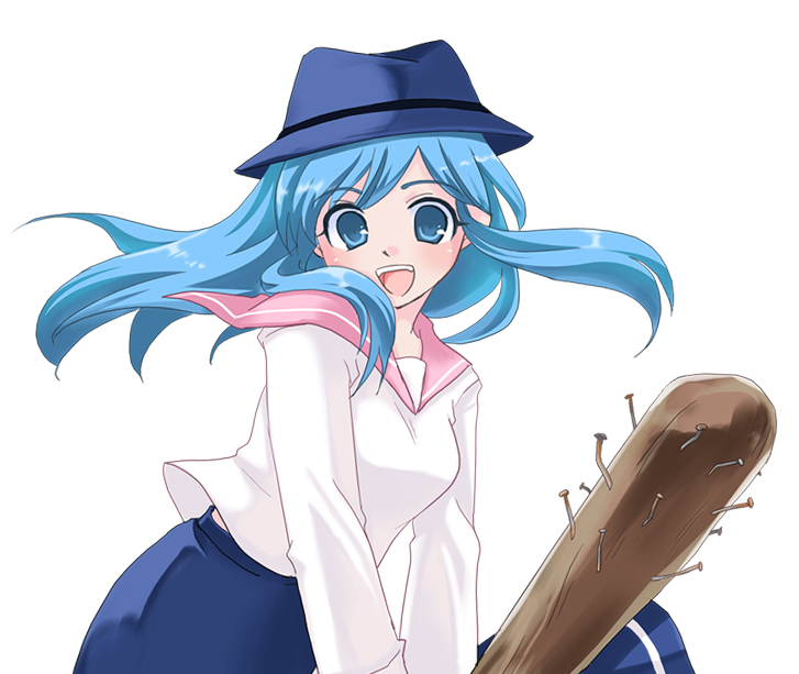 1girl :d baseball_bat blue_eyes blue_hair blue_hat blue_skirt breasts fedora floating_hair hat koshikawa_guu light_blue_hair long_hair long_skirt looking_at_viewer lorna mabinogi medium_breasts nail_(hardware) nail_bat open_mouth pink_sailor_collar sailor_collar shirt simple_background single_horizontal_stripe skirt smile solo swept_bangs teeth upper_teeth_only white_background white_shirt