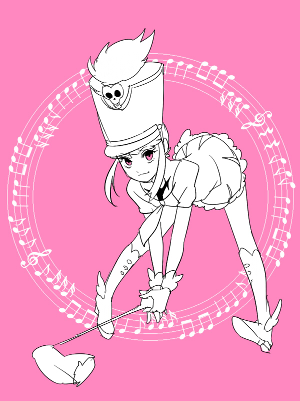10s 1girl bad_id bad_pixiv_id baton boots conductor_baton dress female_focus hat jakuzure_nonon kill_la_kill mojya musical_note pink_background shako_cap shoes sidelocks solo uniform winged_footwear wings