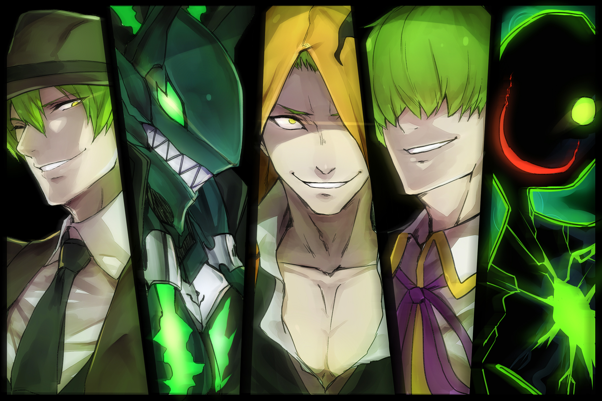 5boys blazblue blazblue:_calamity_trigger blazblue:_central_fiction blazblue:_chronophantasma blazblue:_continuum_shift blazblue:_phase_shift crazy_smile fedora formal_clothes ghost glowing green_eyes green_hair grin hair_over_eyes hat hazama hidden_eyes highres hood hooded_jacket jacket kazuma_kuvaru luse_maonang male_focus multiple_boys multiple_persona one_eye_closed one_eye_covered pectorals smile spoilers suit susanoo_(blazblue) yellow_eyes yuuki_terumi