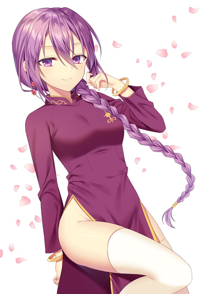 1girl ao_dai braid earrings falling_petals jewelry long_hair melty_blood no_panties no_pants petals purple_eyes purple_hair shino_skk sion_eltnam_(type-moon) sion_eltnam_atlasia smile thighhighs tsukihime white_thighhighs