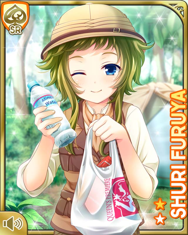 1girl blue_eyes bottle brown_headwear brown_neckwear brown_shorts brown_vest card character_name closed_mouth day forest furuya_shuri girlfriend_(kari) green_hair long_bangs nature official_art one_eye_closed outdoors pocket qp:flapper shirt short_hair shorts smile standing tagme vest water_bottle white_shirt