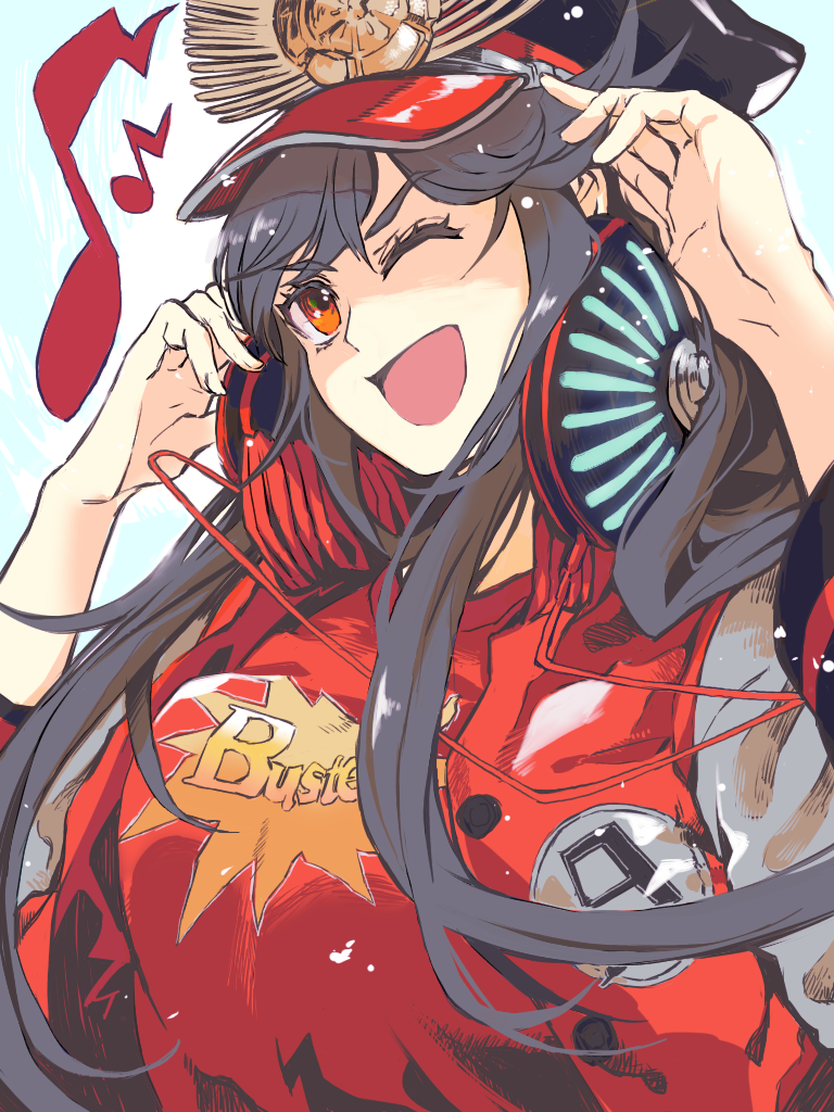1girl buster_shirt crest family_crest fate/grand_order fate_(series) hair_between_eyes hat hazama_sasami headphones headphones_around_neck jacket letterman_jacket long_hair looking_at_viewer military_hat musical_note oda_nobunaga_(fate) oda_nobunaga_(swimsuit_berserker)_(fate) oda_nobunaga_(swimsuit_berserker)_(first_ascension)_(fate) oda_uri open_mouth peaked_cap red_eyes simple_background smile solo upper_body white_background