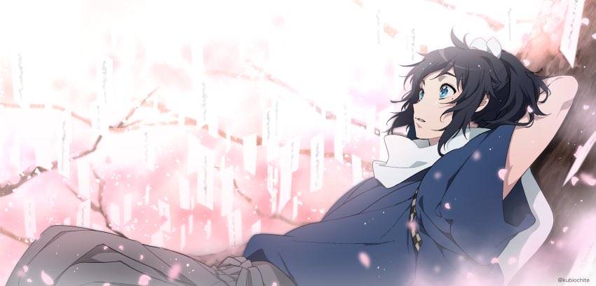 10s 1boy blue_eyes blue_hair cherry_blossoms dalc_rose hair_ribbon in_tree japanese_clothes kimono looking_up male_focus mole mole_under_eye ponytail ribbon scarf solo touken_ranbu touken_ranbu:_hanamaru tree twitter_username yamato-no-kami_yasusada