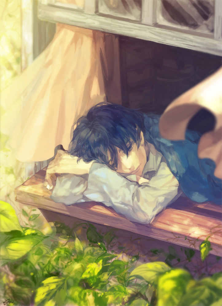 10s 1boy bad_id bad_pixiv_id black_hair closed_eyes crossed_arms curtains karigurashi_no_arrietty leaf short_hair shou_(karigurashi_no_arrietty) sleeping slice_of_life studio_ghibli tom@tog window windowsill