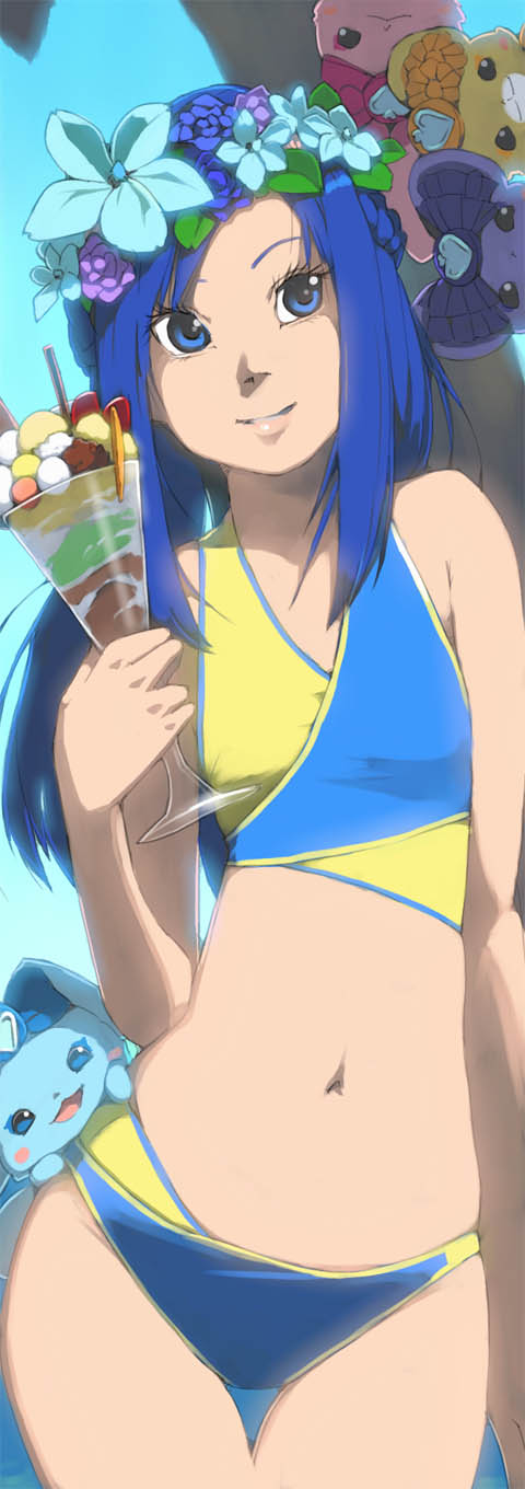 1girl akinbo_(hyouka_fuyou) bad_id bad_pixiv_id bikini blue_eyes blue_hair davi_(dokidoki!_precure) dokidoki!_precure flower food glass gradient_background hair_flower hair_ornament highres hishikawa_rikka long_hair navel parfait precure rakeru_(dokidoki!_precure) rance_(dokidoki!_precure) sharuru_(dokidoki!_precure) smile swimsuit