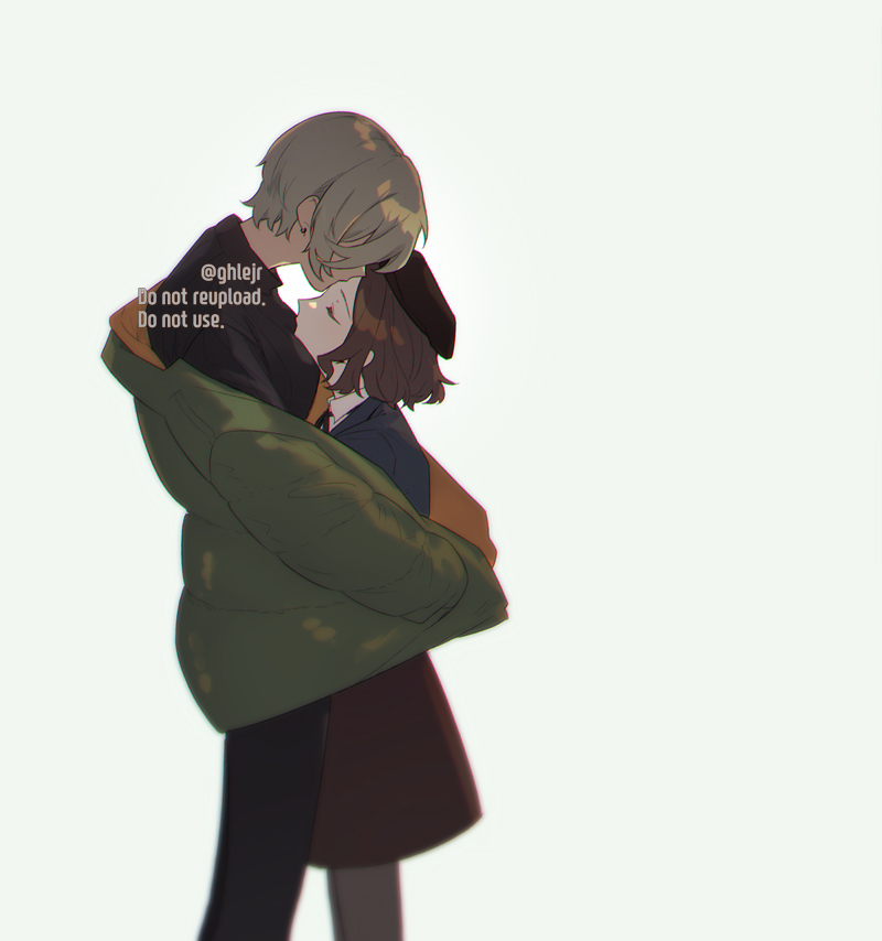 2girls black_hat black_skirt black_sweater blue_shirt brown_hair closed_eyes commentary_request ebizuka_tomo english_text ghlejr girls_band_cry green_background green_jacket grey_hair hat head_on_chest hug jacket kiss kissing_forehead long_sleeves medium_hair multiple_girls rupa_(girls_band_cry) shared_clothes shared_coat shirt short_hair simple_background skirt sweater yuri