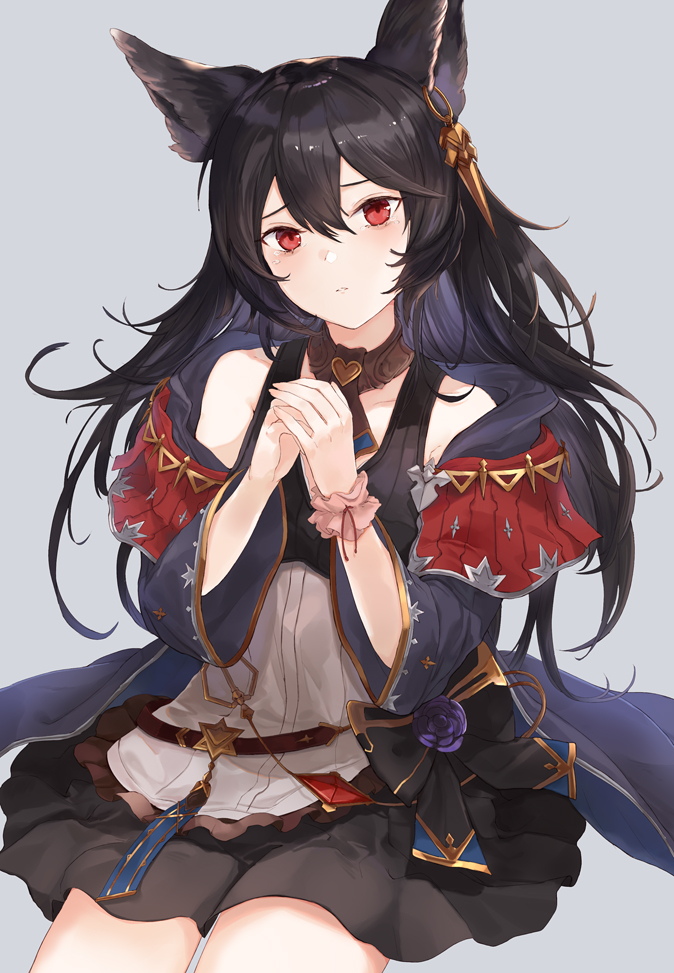 1girl animal_ears bare_shoulders black_hair black_skirt blue_coat closed_mouth coat collarbone cowboy_shot erune female_focus granblue_fantasy hair_between_eyes hair_ornament hands_up head_tilt kachi long_hair looking_at_viewer miniskirt nier_(granblue_fantasy) off_shoulder open_clothes open_coat own_hands_together red_eyes scrunchie shirt skirt sleeveless solo tears wide_sleeves wrist_scrunchie