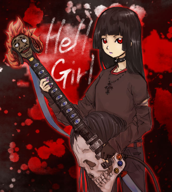 1girl belt black_choker black_gloves black_hair black_pants black_shirt choker copyright_name cross cross_necklace electric_guitar enma_ai fingerless_gloves gloves guitar instrument jewelry jigoku_shoujo long_hair long_neck necklace otarou_(otamax) pants playing_guitar playing_instrument purple_nails red_background red_eyes shirt single_fingerless_glove skull solo standing studded_choker