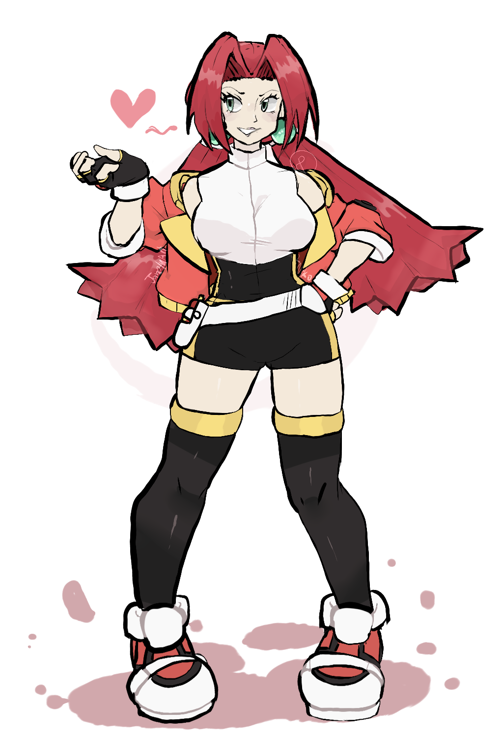 1girl heart highres jacket long_hair nintendo open_clothes open_jacket pokemon pokemon_gsc pokemon_ranger_(series) pokemon_ranger_uniform ragou2niko red_hair smile solo team_rocket_grunt thighhighs twintails white_background