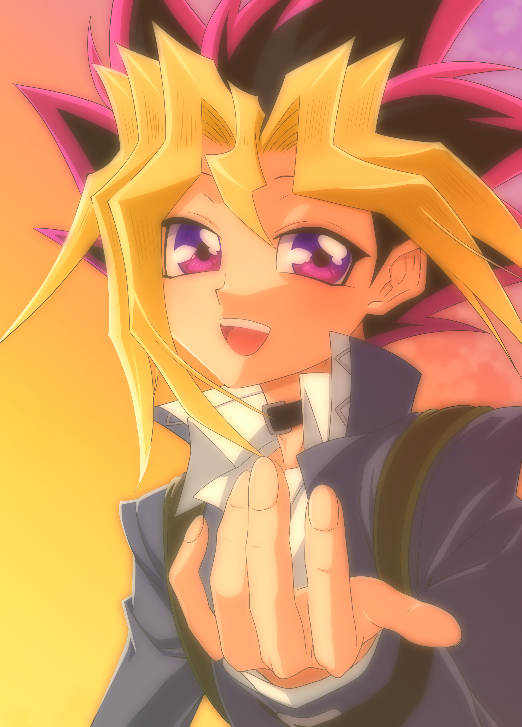1boy absurdres black_choker black_hair blonde_hair blush choker colored_bangs commentary domino_high_school_uniform evening foreshortening gradient_sky hair_between_eyes happy highres ikeda_jun_(aquaqua) jacket long_sleeves looking_at_viewer male_focus multicolored_hair muto_yugi open_mouth outdoors purple_eyes reaching reaching_towards_viewer school_uniform shirt sidelighting sky smile solo spiked_hair upper_body yellow_sky yu-gi-oh! yu-gi-oh!_the_dark_side_of_dimensions