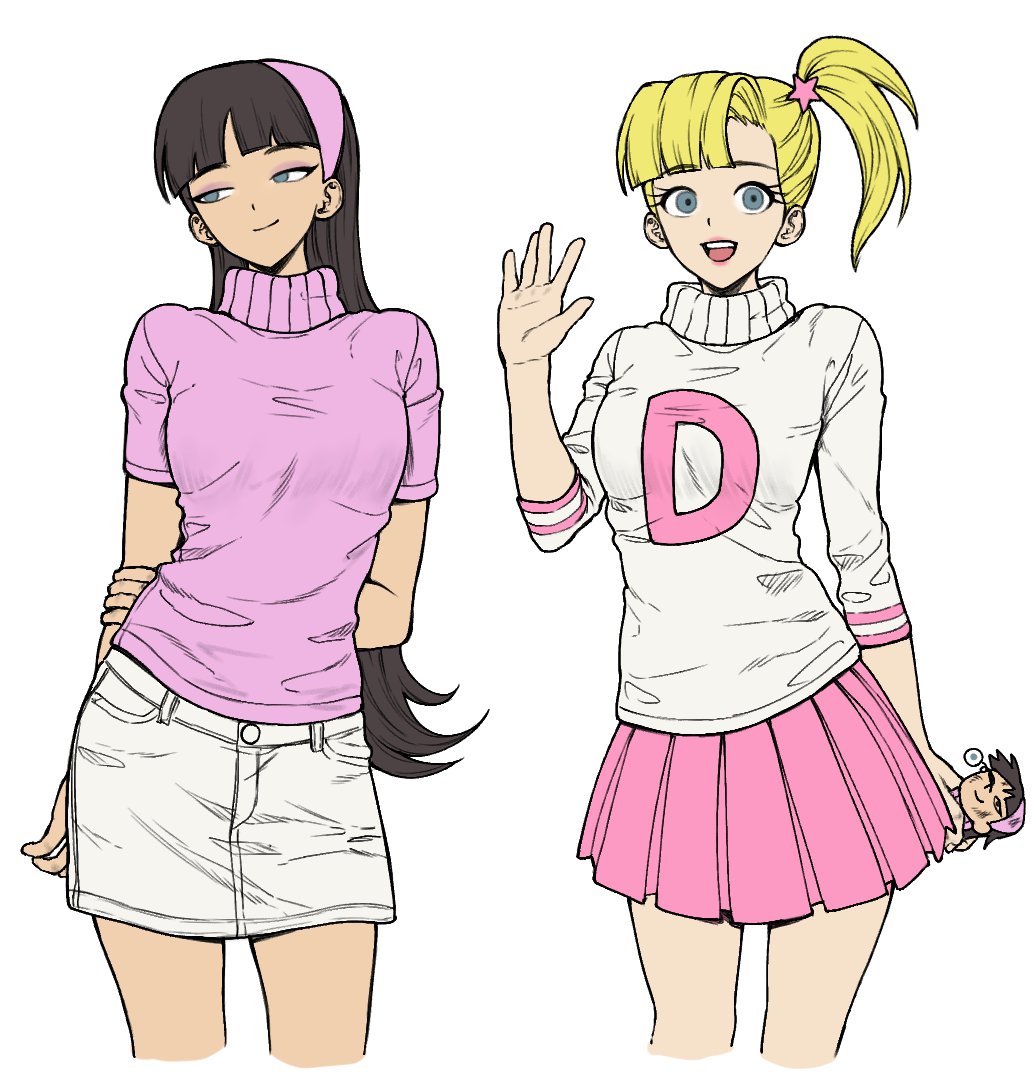 2girls :d \||/ animification arm_behind_back arms_behind_back black_hair blonde_hair blue_eyes blunt_bangs buttons character_doll closed_mouth cropped_legs denim denim_skirt doll eyeshadow flat_color flipped_hair hair_behind_ear hair_ornament hairband hand_on_own_arm hand_up high_side_ponytail holding holding_doll imaninjaguy long_hair looking_at_viewer looking_to_the_side makeup multiple_girls open_mouth pink_eyeshadow pink_hairband pink_skirt pink_sweater pleated_skirt short_hair short_sleeves side_ponytail simple_background skirt smile star_(symbol) star_hair_ornament sweater teeth the_fairly_oddparents three-quarter_sleeves tongue trixie_tang turtleneck turtleneck_sweater upper_teeth_only veronica_(fairly_oddparents) very_long_hair waving white_background white_skirt white_sweater
