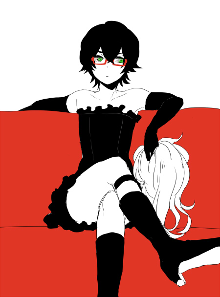 10s 1boy awa319 bad_id bad_pixiv_id bare_shoulders black_footwear black_gloves black_hair black_shirt black_skirt boots collarbone couch crossed_legs elbow_gloves frilled_shirt frilled_skirt frills gatchaman_crowds glasses gloves green_eyes high_heel_boots high_heels holding looking_to_the_side male_focus ninomiya_rui red-framed_eyewear red_upholstery semi-rimless_eyewear shirt shoes short_hair simple_background sitting skirt solo strapless thighs trap tube_top under-rim_eyewear wig unworn_wig