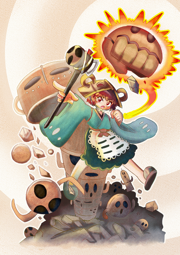 1other androgynous apron aqua_hakama blue_kimono brown_background brown_helmet brown_sash chikafumikou clenched_hand commentary_request debris determined fighting_stance frown full_body giant_fist grey_slippers hakama hakama_short_skirt hakama_skirt hammer haniwa_(statue) helmet holding holding_hammer japanese_clothes katano_sukune katano_sukune&#039;s_bottle_opener kimono lace-trimmed_apron lace_trim len&#039;en light_blush long_sleeves open_mouth other_focus outline outstretched_arm pointing red_eyes red_hair sash short_hair short_kimono skirt slippers solo v-shaped_eyebrows waist_apron waist_sash white_apron white_outline wide_sleeves