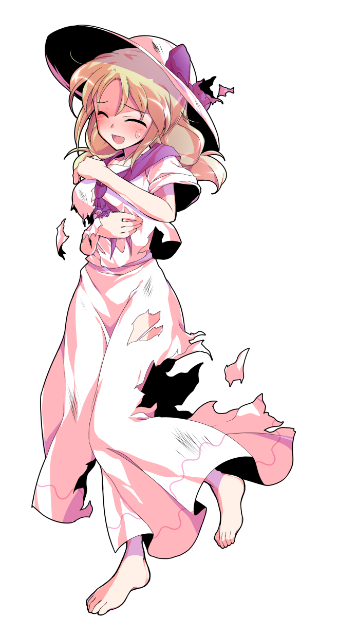 1girl :d ^_^ barefoot blonde_hair blush bow closed_eyes commentary_request dairi dress full_body hat hat_bow highres large_variant_set long_hair louise_(touhou) neckerchief open_mouth purple_bow purple_neckerchief short_sleeves smile solo standing sweatdrop torn_bow torn_clothes torn_dress torn_neckerchief touhou touhou_(pc-98) transparent_background variant_set white_dress white_hat