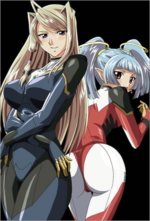 2girls :o ahoge ass bent_over blonde_hair blue_hair blush bodysuit breasts crossed_arms embarrassed from_behind hair_intakes hair_ornament huge_ass iris_rebel large_breasts long_hair looking_back lowres meili_naceri mine_yuki multiple_girls official_art pixy_(company) pointy_ears purple_eyes red_eyes shiny_clothes simple_background smile soukou_kijo_iris standing surprised twintails