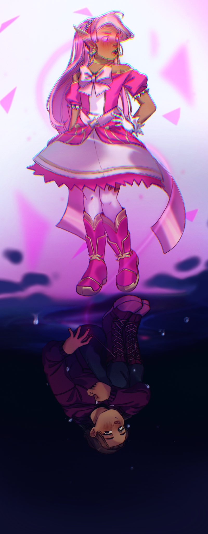 2girls alchemical_aether ankle_boots back_bow black_pants boots bow brown_hair chromatic_aberration contrast denim drawstring dress dual_persona gloves hairband highres hood hoodie jeans long_hair magical_girl multiple_girls pants pink_boots pink_dress pink_hair purple_boots purple_hoodie sleepless_domain split_theme tessa_quinn thighhighs triangle upside-down vagabondvani white_gloves winged_hairband zettai_ryouiki