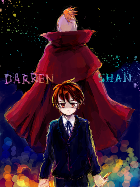 2boys back-to-back black_hair cape darren_shan flute formal_clothes holding holding_instrument instrument kobutya4696 larten_crepsley multiple_boys oekaki orange_hair red_cape red_eyes short_hair suit the_saga_of_darren_shan
