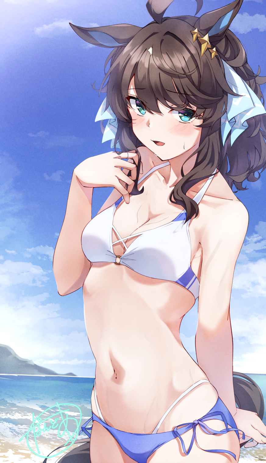 1girl ahoge alternate_costume animal_ears black_hair breasts cleavage collarbone commentary_request commission daring_tact_(umamusume) hair_between_eyes hair_ornament highres horse_ears horse_tail long_hair medium_breasts navel ocean pandoa_(mikage0495) signature skeb_commission sky solo star_(symbol) star_hair_ornament sweat swimsuit tail umamusume