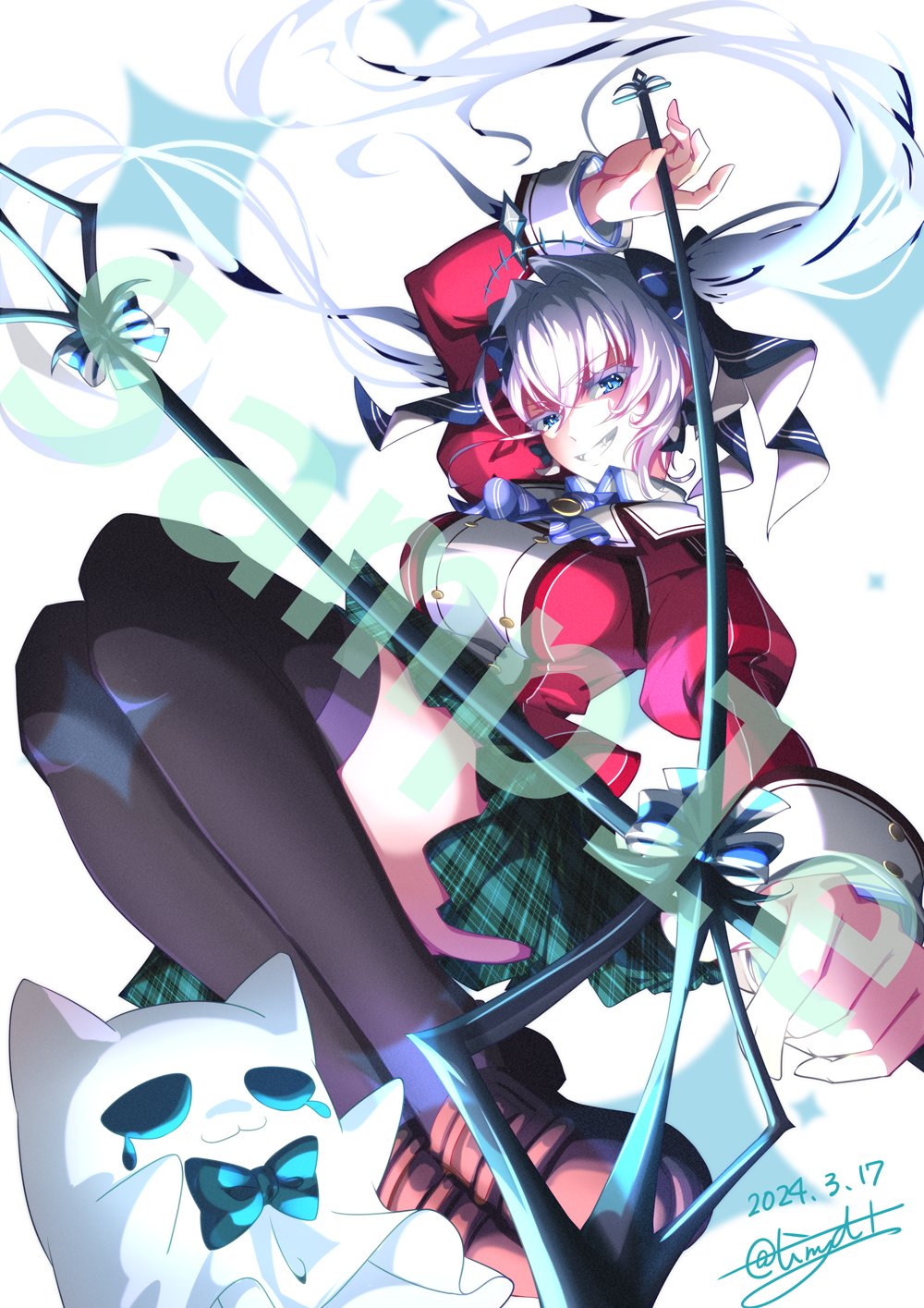 1girl :d ass black_thighhighs blue_eyes breasts brown_shoes colored_eyelashes commission dated eiyuu_densetsu fangs full_body ghost green_skirt grey_hair highres holding holding_weapon open_mouth plaid_clothes plaid_skirt pleated_skirt shoes skeb_commission skirt smile solo spectra_libitina tears thighhighs thors_military_academy_class_vii_uniform tinybiard tongue twitter_username v&amp;u_entertainment virtual_youtuber weapon white_background zero_no_kiseki