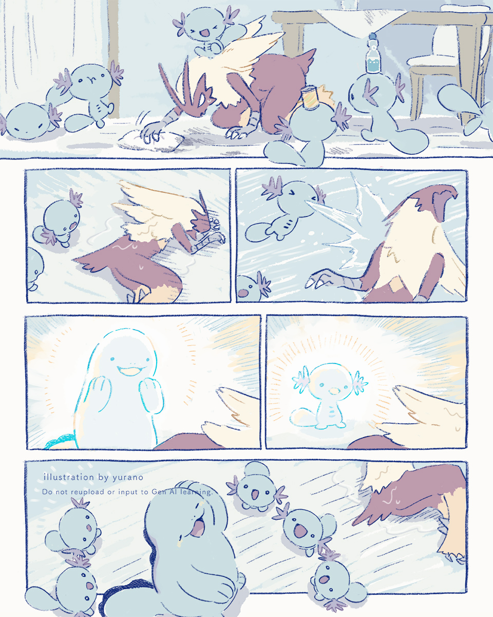 blaziken cleaning cleaning_rag evolution gen_2_pokemon gen_3_pokemon highres nintendo no_humans open_mouth pokemon pokemon_(creature) table tree water wet wobbuffet wooper yamcha_pose_(meme) yurano_(upao)