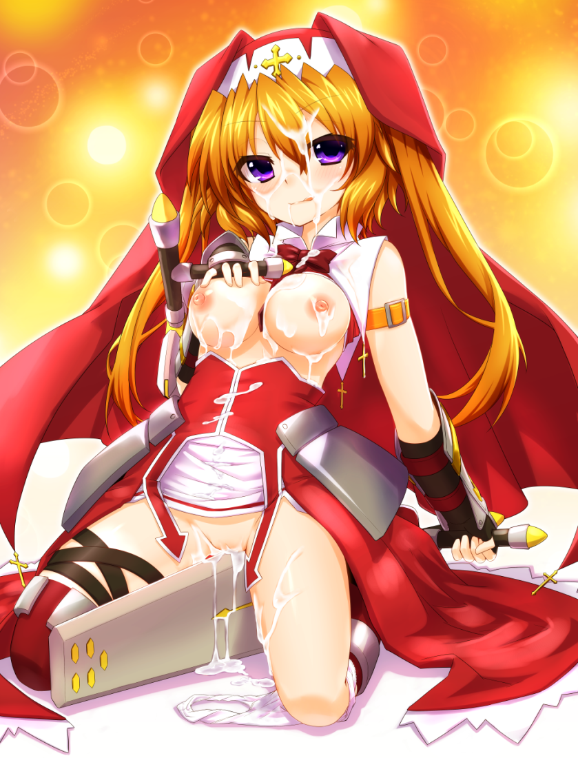 10s 1girl armband armor blush boots bow breasts breasts_out buckle chantez_apinion cross faulds female_focus fingerless_gloves gauntlets gloves gradient_background grinding habit kneeling licking_lips long_hair looking_at_viewer lyrical_nanoha mahou_shoujo_lyrical_nanoha_vivid mizunashi_(second_run) nipples nun open_clothes orange_background orange_hair panties panties_around_leg purple_eyes pussy sexually_suggestive skirt smile solo suggestive_fluid thigh_strap tonfa tongue tongue_out underwear weapon