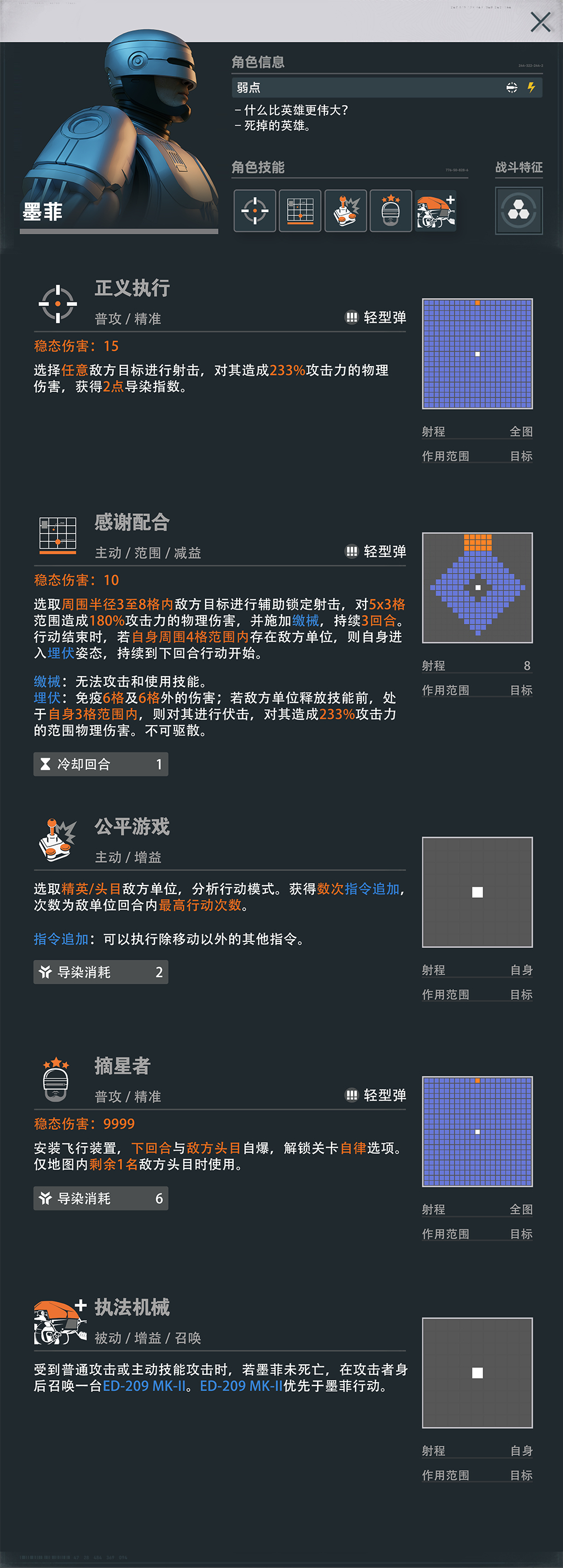 1boy absurdres black_background character_profile chinese_commentary chinese_text commentary_request crosshair crossover cyborg ed-209 erich gameplay_mechanics girls&#039;_frontline girls&#039;_frontline_2:_exilium grey_armor grid helmet highres lightning_bolt_symbol male_focus robocop robocop_(character) simple_background solo