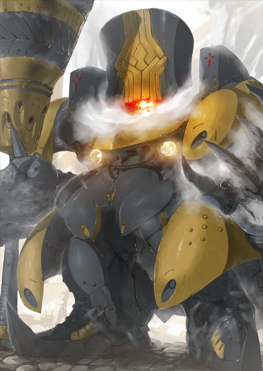 charles_babbage_(fate) fate/grand_order fate_(series) glowing glowing_eyes hands_up holding holding_weapon i-iv_(longman) legs_apart looking_at_viewer no_humans official_art red_eyes robot standing steam steampunk third-party_source weapon white_background