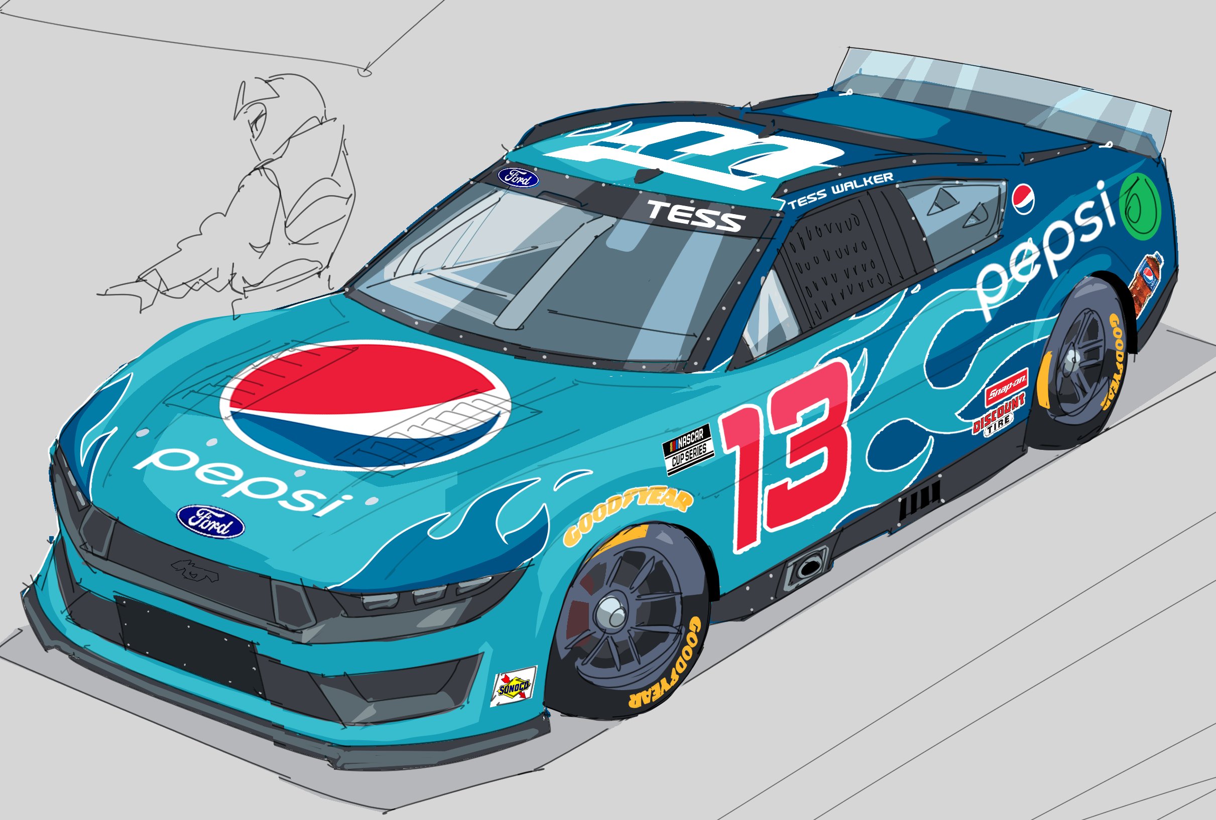 blue_car car commentary flame_print ford ford_mustang ford_mustang_s650 goodyear grey_background highres motor_vehicle nascar pepsi shadow sponsor symbol-only_commentary vee_(427deer) vehicle_focus