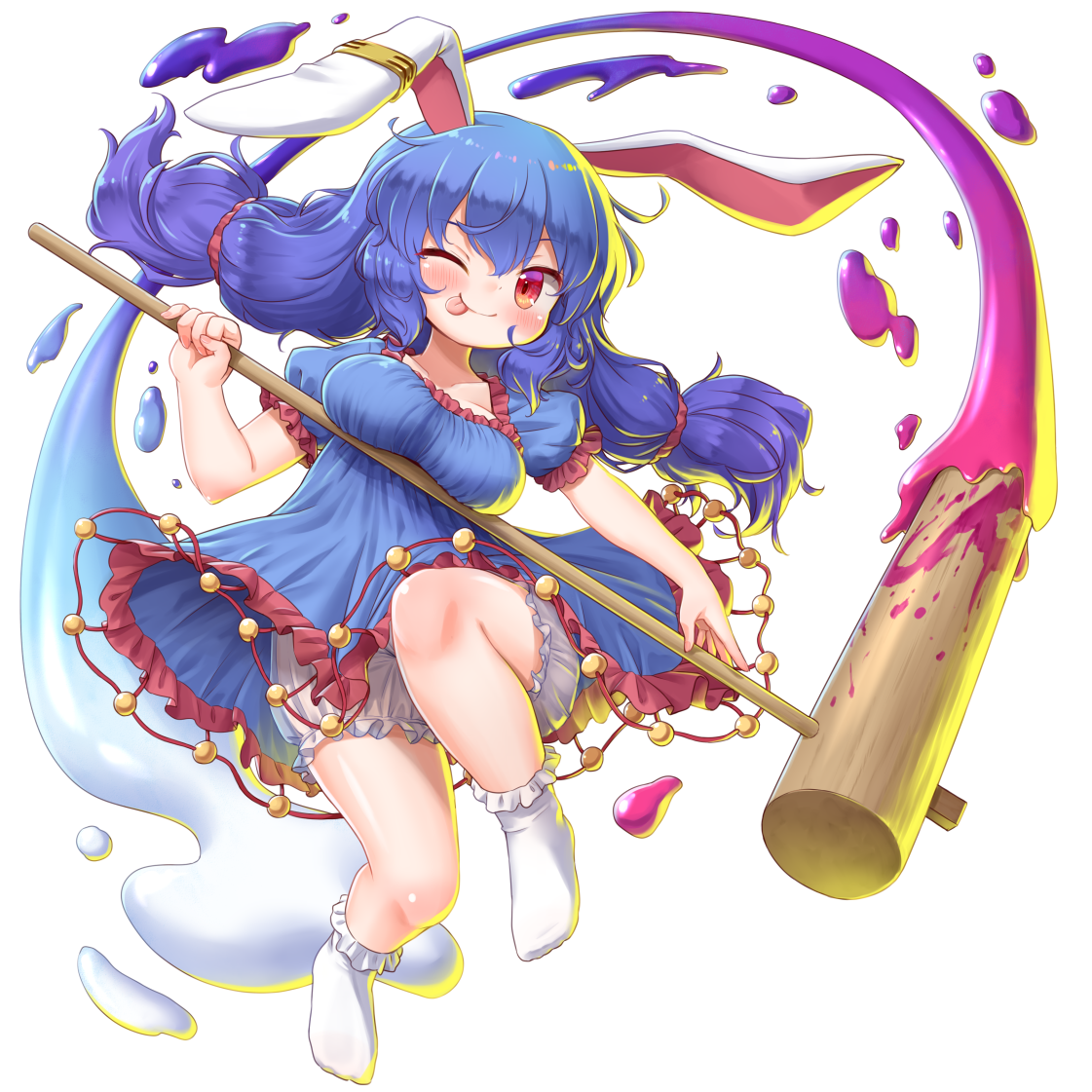 1girl :p animal_ears arinu bloomers blue_dress blue_hair blush breasts closed_mouth dress earclip full_body game_cg hakurei_frontier_spell_strive holding holding_mallet kine large_breasts long_hair looking_at_viewer mallet official_art one_eye_closed puffy_short_sleeves puffy_sleeves rabbit_ears red_eyes seiran_(touhou) short_sleeves smile socks solo third-party_source tongue tongue_out touhou transparent_background underwear white_bloomers white_socks