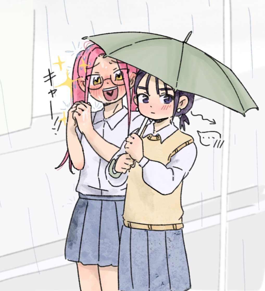 ... 2girls alien_stage black_hair blue_skirt collared_shirt commentary earrings glasses heart heart_in_mouth holding holding_umbrella jewelry long_sleeves low_ponytail mizi_(alien_stage) motii multiple_girls own_hands_together pink_hair pleated_skirt ponytail purple_eyes rain shirt short_ponytail skirt spoken_ellipsis sua_(alien_stage) sweater_vest symbol-only_commentary translated twintails umbrella white_shirt yellow_eyes yellow_sweater_vest