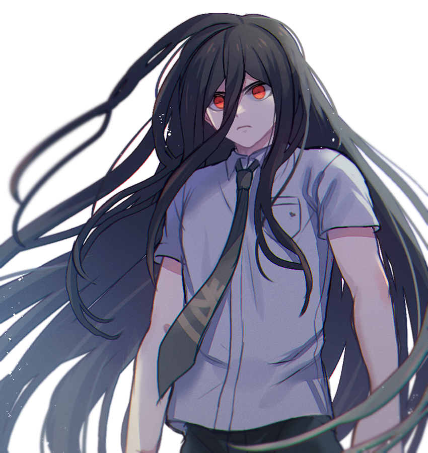 1boy breast_pocket collared_shirt cosplay cowboy_shot danganronpa_(series) danganronpa_2:_goodbye_despair frown green_necktie hair_between_eyes hinata_hajime hinata_hajime_(cosplay) kamukura_izuru koikeya_(keroro7) long_hair male_focus necktie pocket red_eyes serious shirt short_sleeves simple_background solo standing very_long_hair white_background