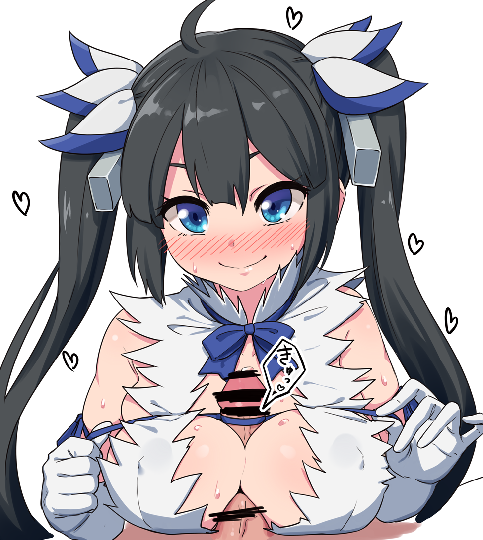 10s 1girl bad_id bad_twitter_id black_hair blue_eyes blush breasts censored cleavage cleavage_cutout clothing_cutout dress dungeon_ni_deai_wo_motomeru_no_wa_machigatteiru_darou_ka hair_ribbon heart hestia_(danmachi) kurinton large_breasts long_hair nose_blush omaru_gyuunyuu paizuri penis rei_no_himo ribbon simple_background solo_focus twintails white_background white_dress