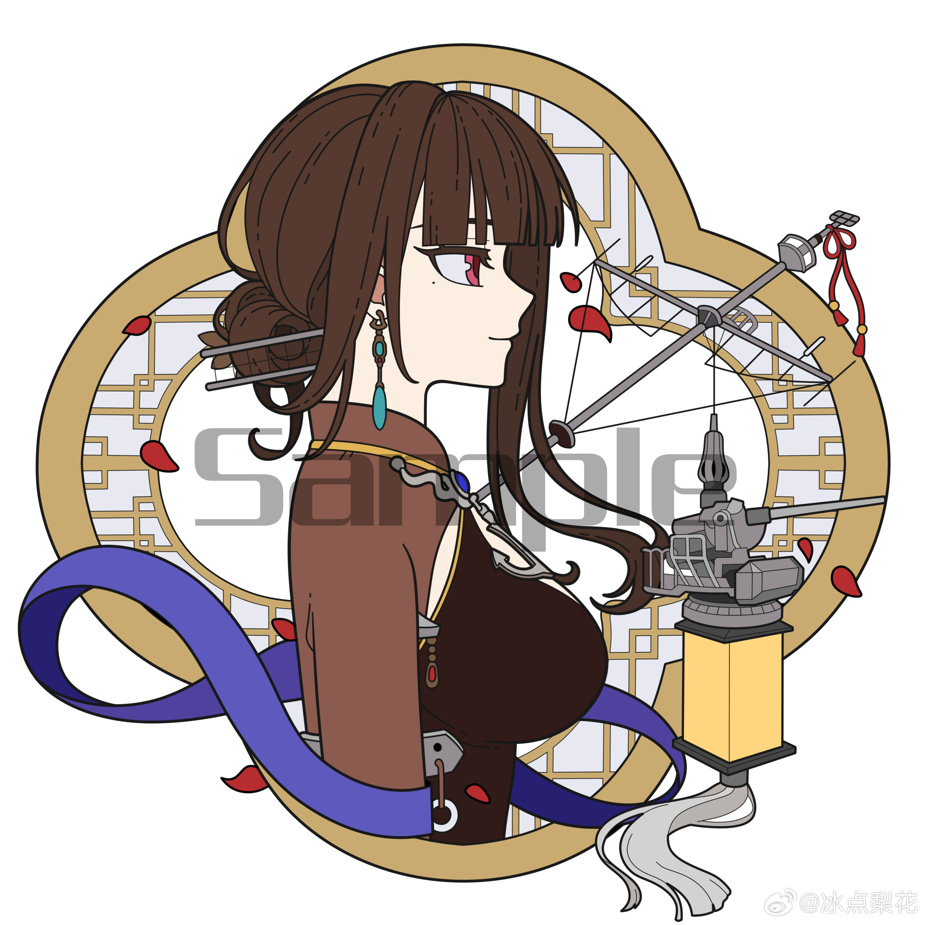 1girl absurdres bingdian_lihua blunt_bangs breasts brown_hair china_dress chinese_clothes closed_mouth cropped_torso dress earrings english_text from_side hair_bun hair_ornament highres jewelry lantern large_breasts long_hair mole mole_under_eye official_alternate_costume petals profile red_eyes shawl ship_turret sidelocks single_side_bun smile solo upper_body warship_girls_r watermark weibo_watermark white_background yat_sen_(warship_girls_r)