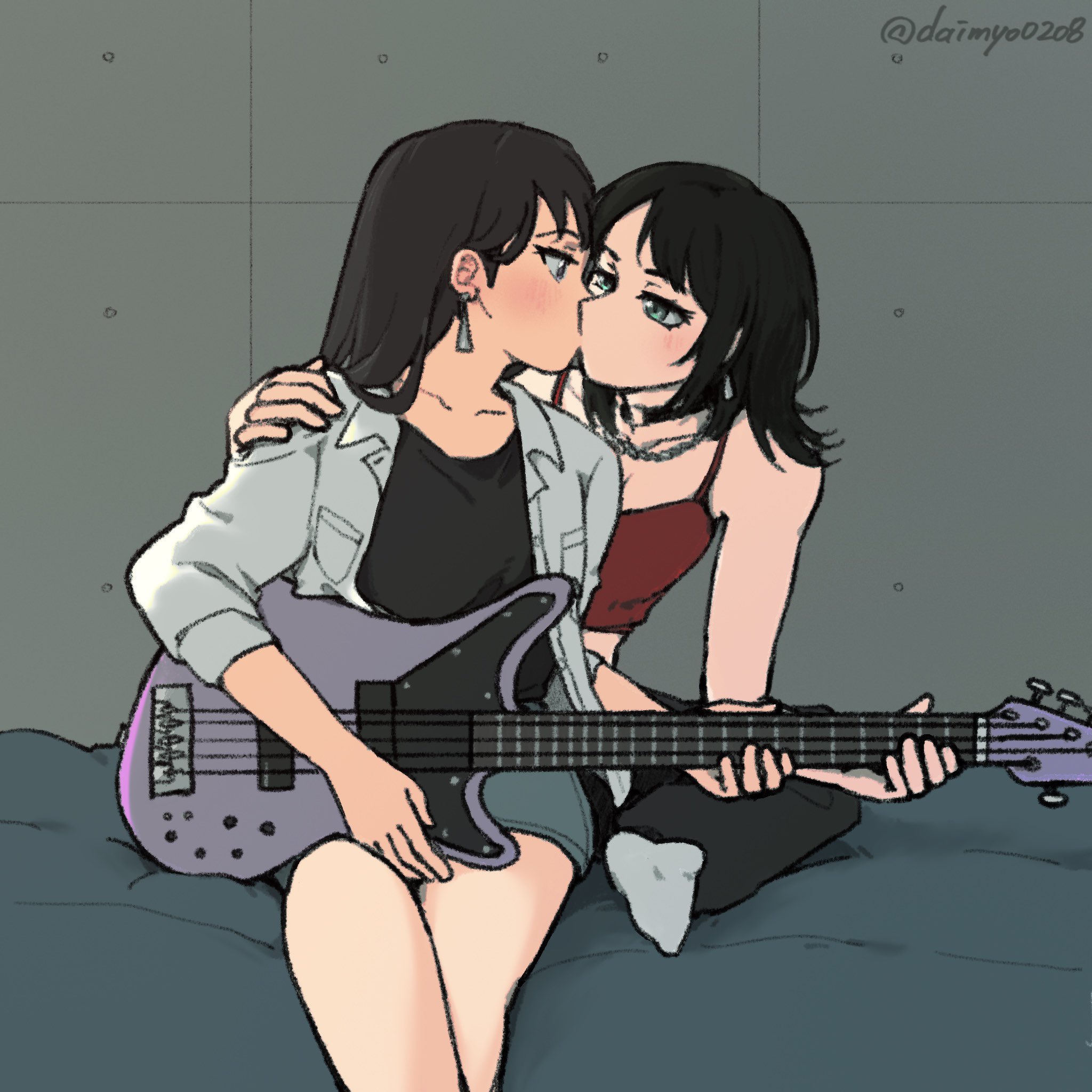 2girls bang_dream! bang_dream!_it's_mygo!!!!! bare_arms black_hair black_pants black_shirt blush brown_hair camisole chain chain_necklace commentary daimyo0208 earrings hand_on_another's_shoulder hashtag-only_commentary highres indoors instrument jewelry kiss long_hair multiple_girls music necklace open_clothes open_shirt pants photo-referenced playing_bass_guitar playing_instrument purple_eyes red_camisole shiina_taki shirt sitting white_shirt yahata_umiri yuri