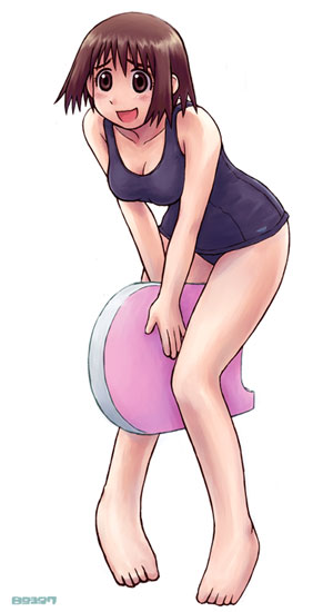 1girl ayase_fuuka barefoot bent_over breasts brown_eyes brown_hair cleavage emoncake. female_focus kickboard medium_breasts one-piece_swimsuit pigeon-toed school_swimsuit short_hair solo swimsuit thick_eyebrows yotsubato!