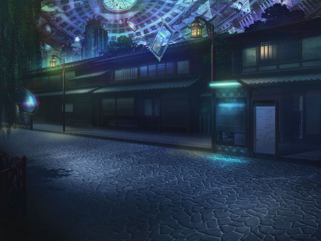 architecture artist_request cloud cobblestone east_asian_architecture fence full-length_mirror game_cg lamppost magia_record:_mahou_shoujo_madoka_magica_gaiden mahou_shoujo_madoka_magica map mirror night no_humans official_art outdoors scenery sky skyline sparkle stream town tree willow witch&#039;s_labyrinth