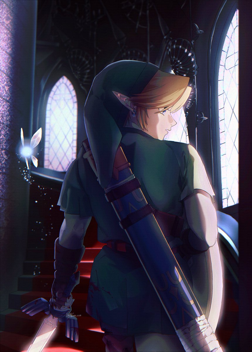 1boy ao_haruki belt blonde_hair brown_gloves cowboy_shot earrings fairy from_behind gloves green_headwear green_tunic highres holding holding_sword holding_weapon indoors jewelry link looking_to_the_side male_focus navi nintendo parted_bangs parted_lips pointy_ears pointy_hat sheath short_hair spiral_staircase stairs sword the_legend_of_zelda the_legend_of_zelda:_ocarina_of_time tunic weapon window
