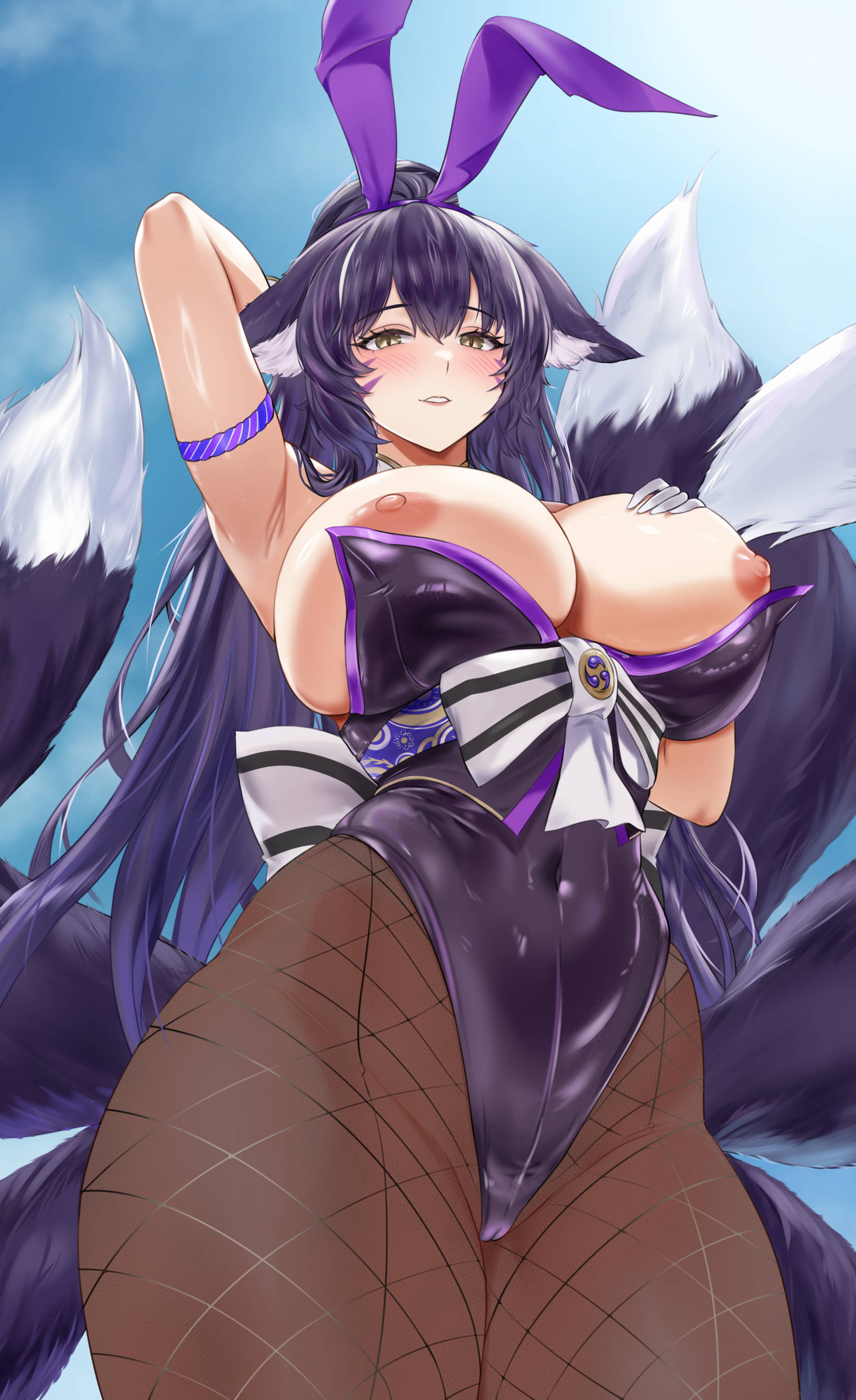 1girl absurdres animal_ears arms_behind_head azur_lane beatheart blue_sky brown_pantyhose covered_navel cowboy_shot day facial_mark fake_animal_ears fishnet_pantyhose fishnets fox_ears fox_girl from_below gloves hand_on_own_chest highleg highleg_leotard highres kitsune kyuubi leotard long_hair looking_at_viewer looking_down multiple_tails musashi_(azur_lane) musashi_(the_purple_rabbit's_marksmanship)_(azur_lane) nipples official_alternate_costume outdoors pantyhose playboy_bunny purple_hair purple_leotard purple_tail purple_trim rabbit_ears sky strapless strapless_leotard tail very_long_hair whisker_markings white_gloves yellow_eyes